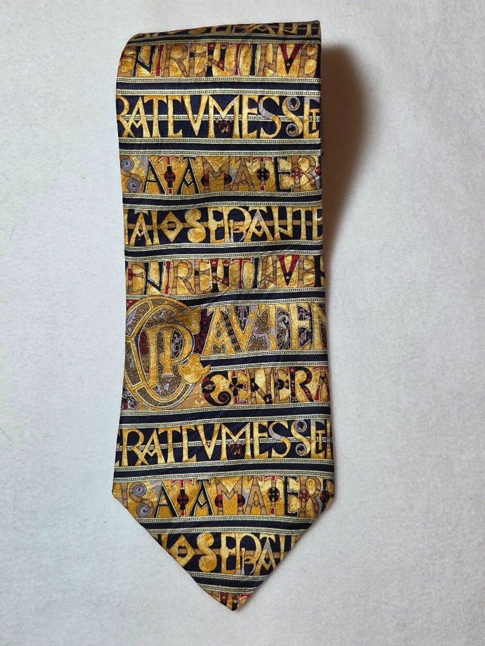 Museum Artifacts Silk Tie "Book of Kells" Manuscript Lettering Silk Made in USA